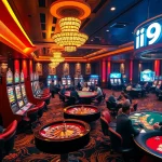A vibrant casino scene highlighting the excitement of players at nhà cái i9bet with roulette and poker tables.
