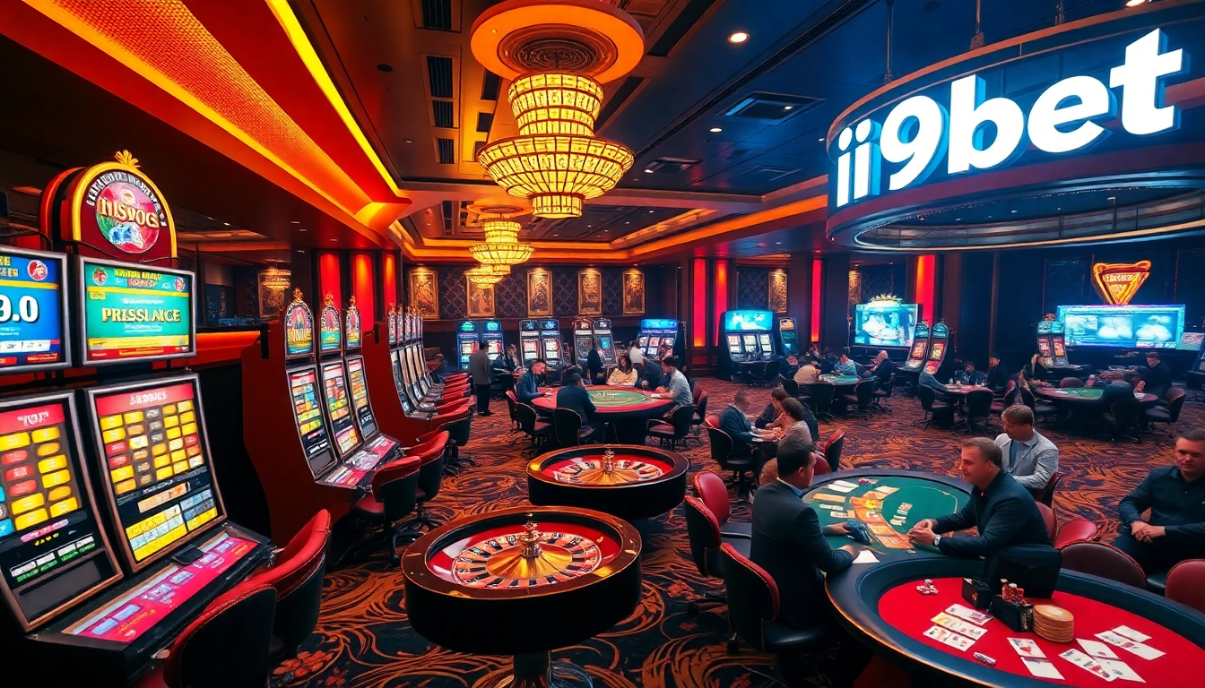 A vibrant casino scene highlighting the excitement of players at nhà cái i9bet with roulette and poker tables.